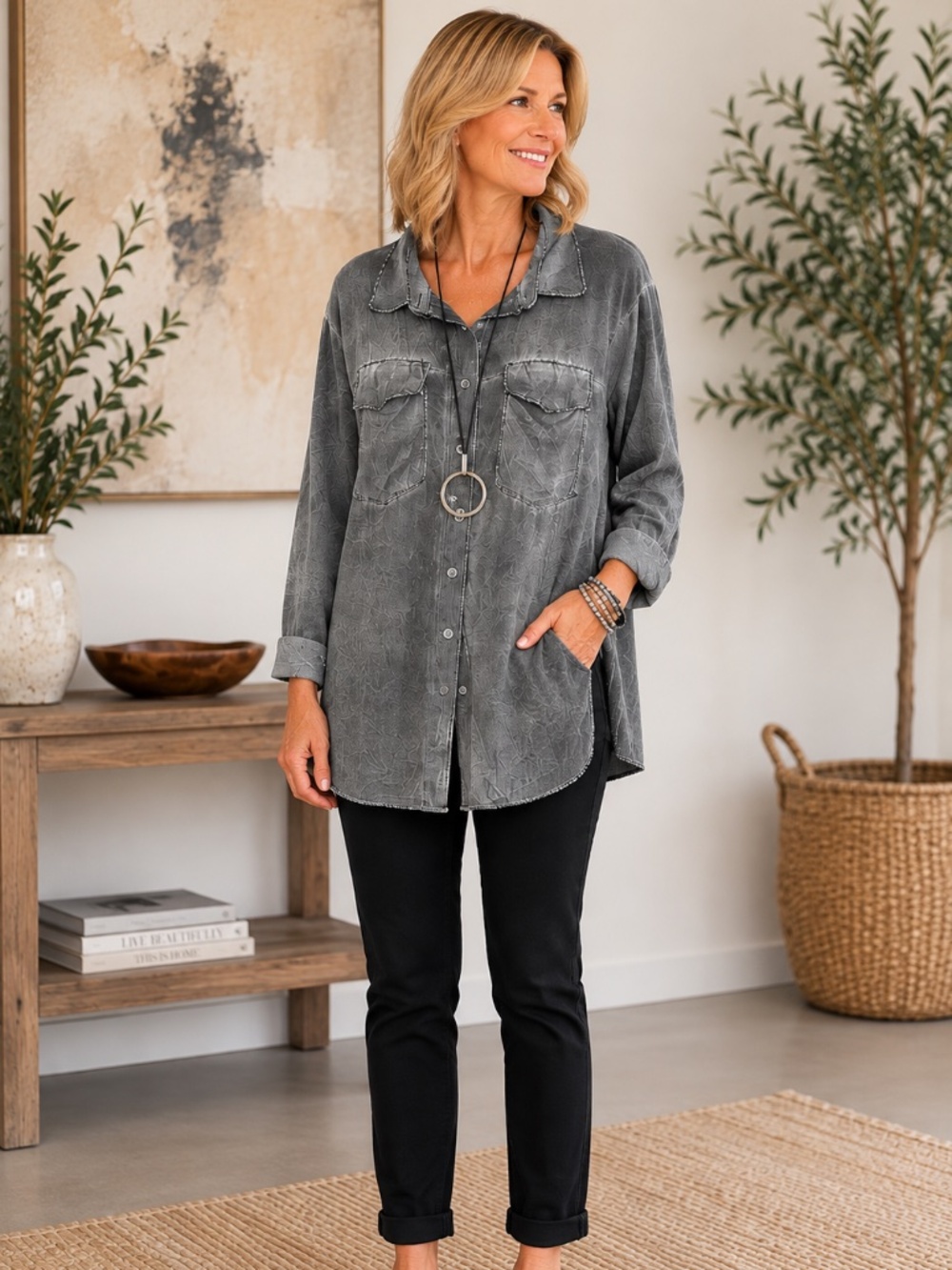 Elissia Made in Italy Grey Mineral Wash Lagenlook Shirt Tunic
